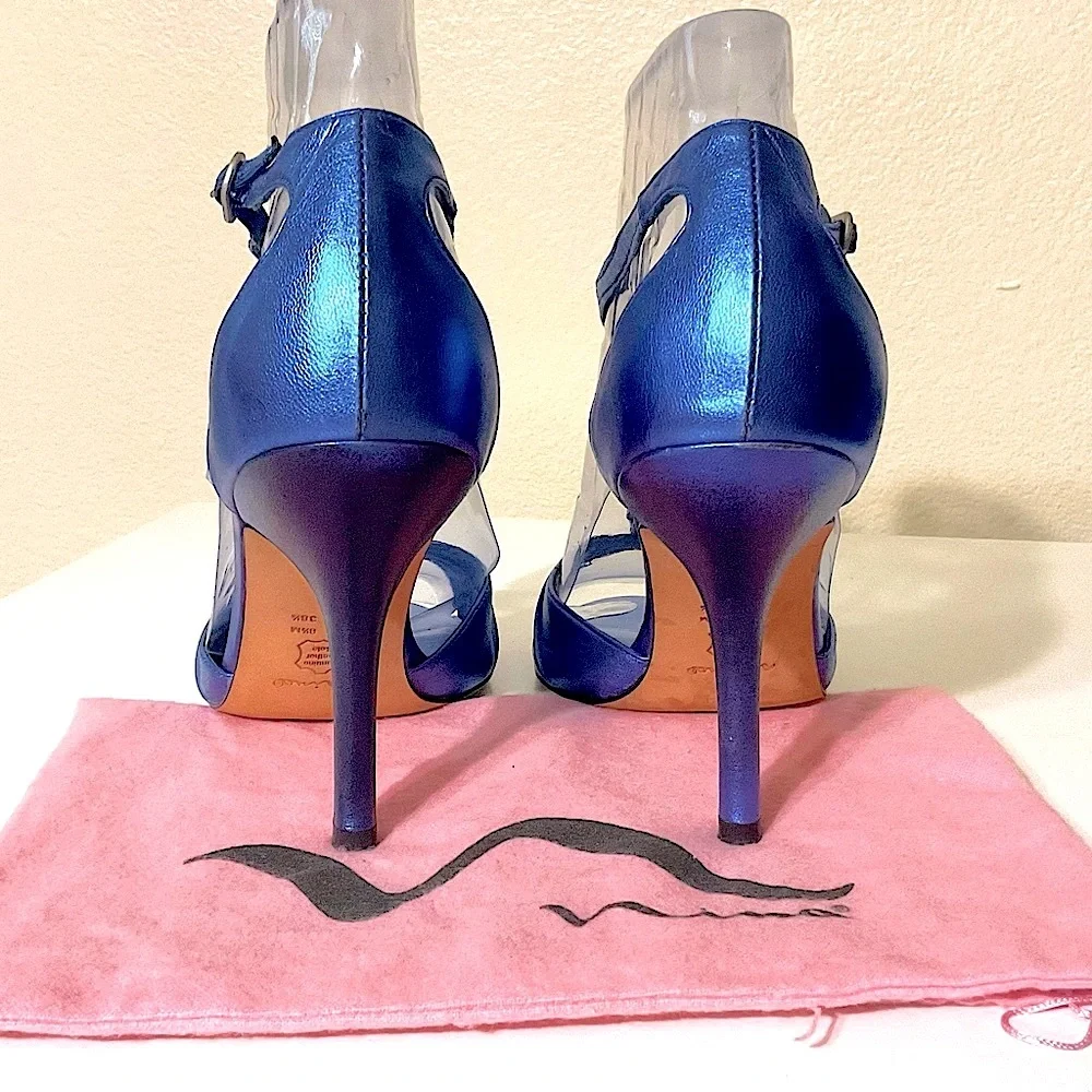 Nina Metallic Embellished Peep Toe Leather Heels Blue 8 1/2